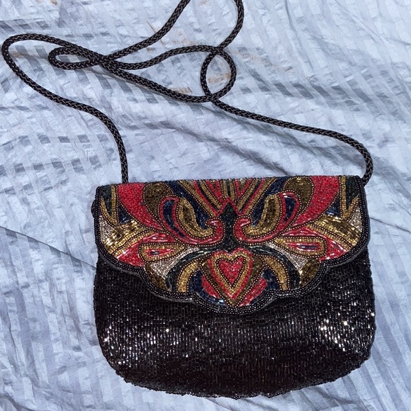 EUC Hand Beaded Clutch Purse Evening Bag Cocktail Black & red - Picture 12 of 12